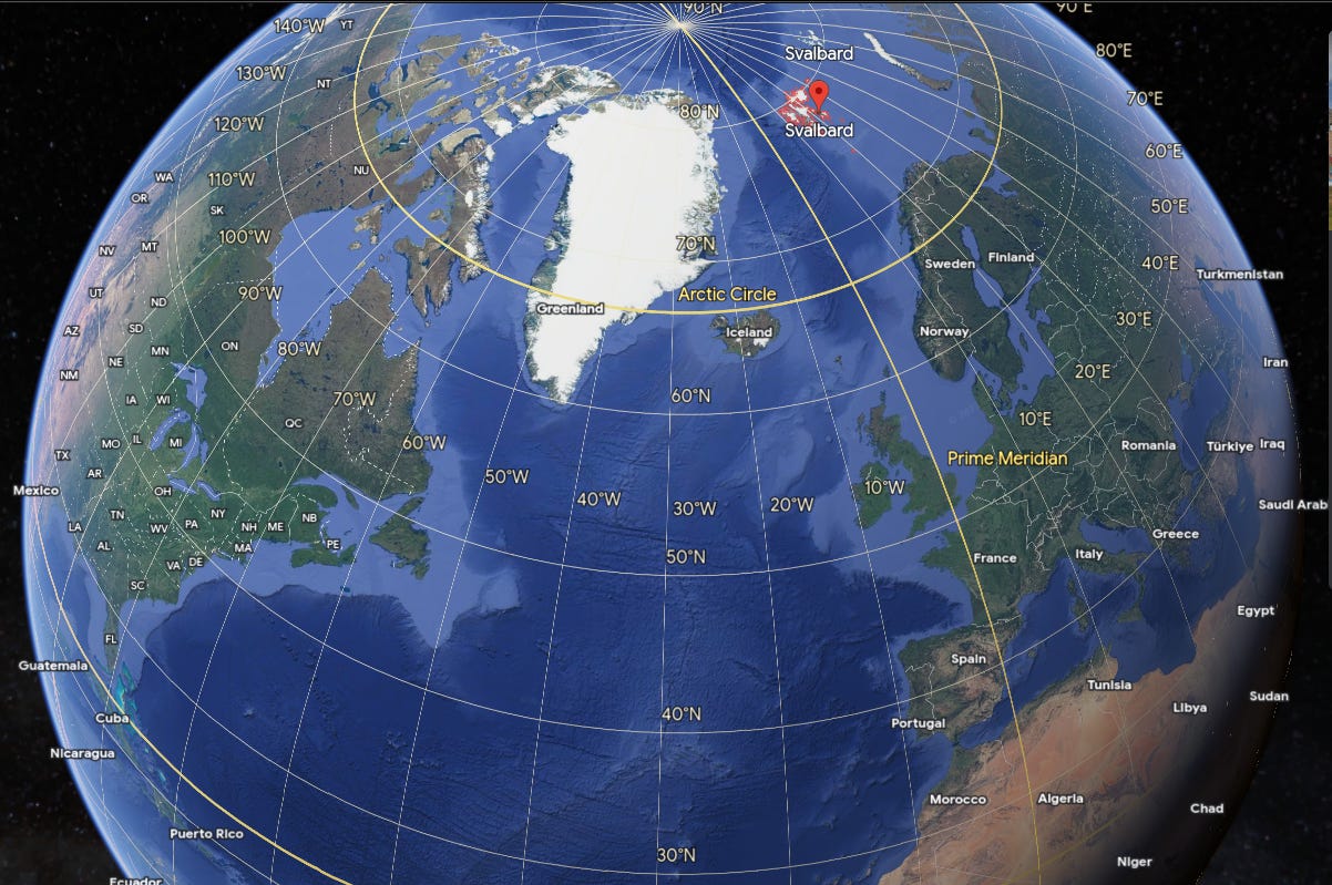Svalbard and much of the Northern Hemisphere as shown on Google Earth.