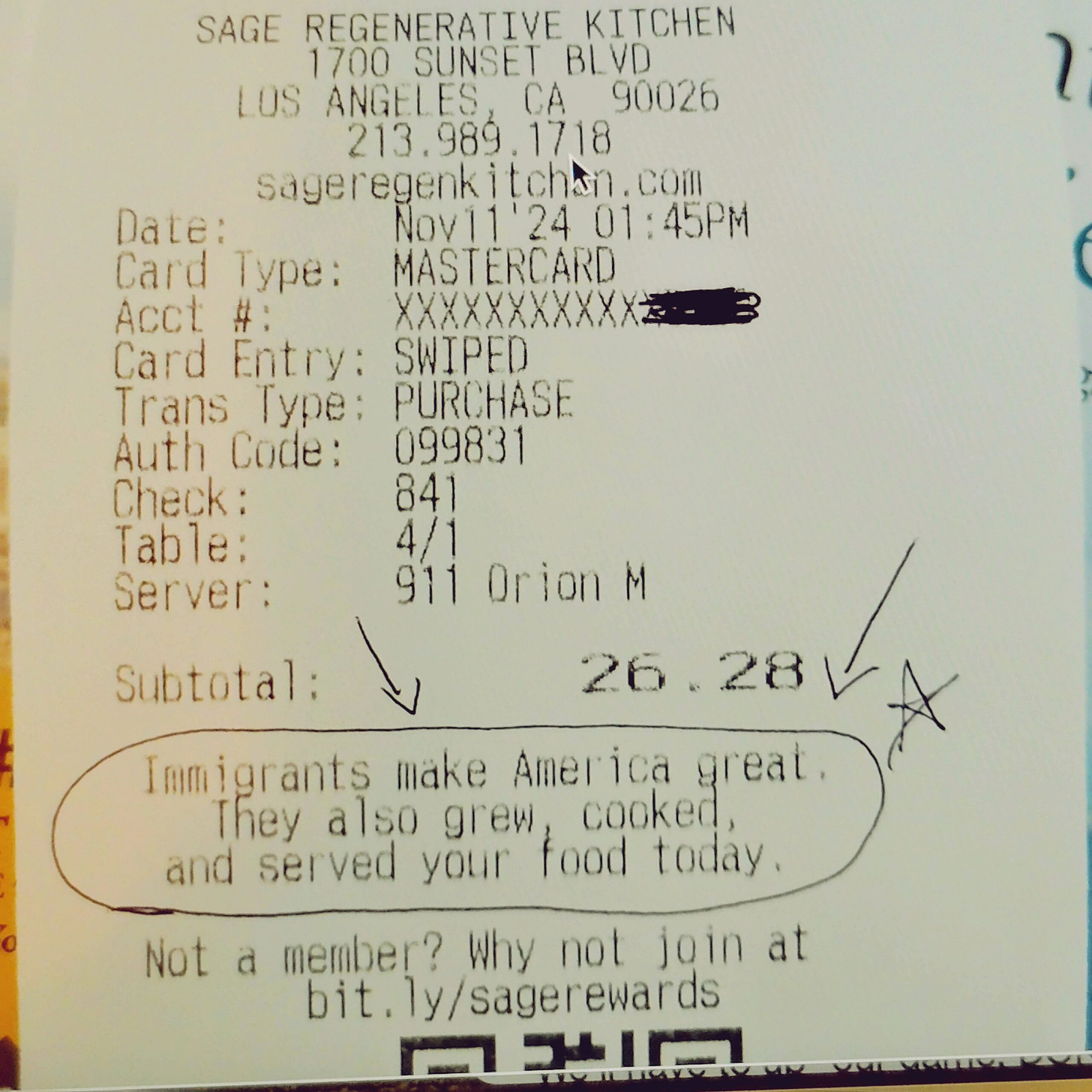 Restaurant receipt that has a printed note, circled: .