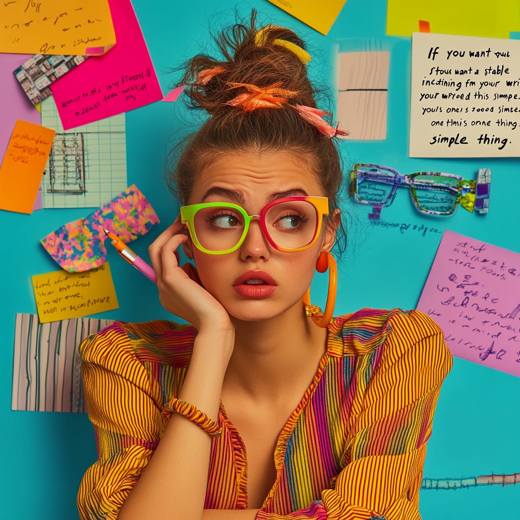 an article key visual on the theme “If you want a stable income from your writing, you need this one simple thing.” with a woman writer with vivid colorful accessories and reading glasses with colorful frames. Emotion: pain, struggle. Key color codes are #e11a72 and #1ae189. Photorealistic studio shot, office environment, colorful background. an article key visual on the theme “If you want a stable income from your writing, you need this one simple thing.” with a woman writer with vivid colorful accessories and reading glasses with colorful frames. Emotion: pain, struggle. Key color codes are #e11a72 and #1ae189. Photorealistic studio shot, office environment, colorful background.
