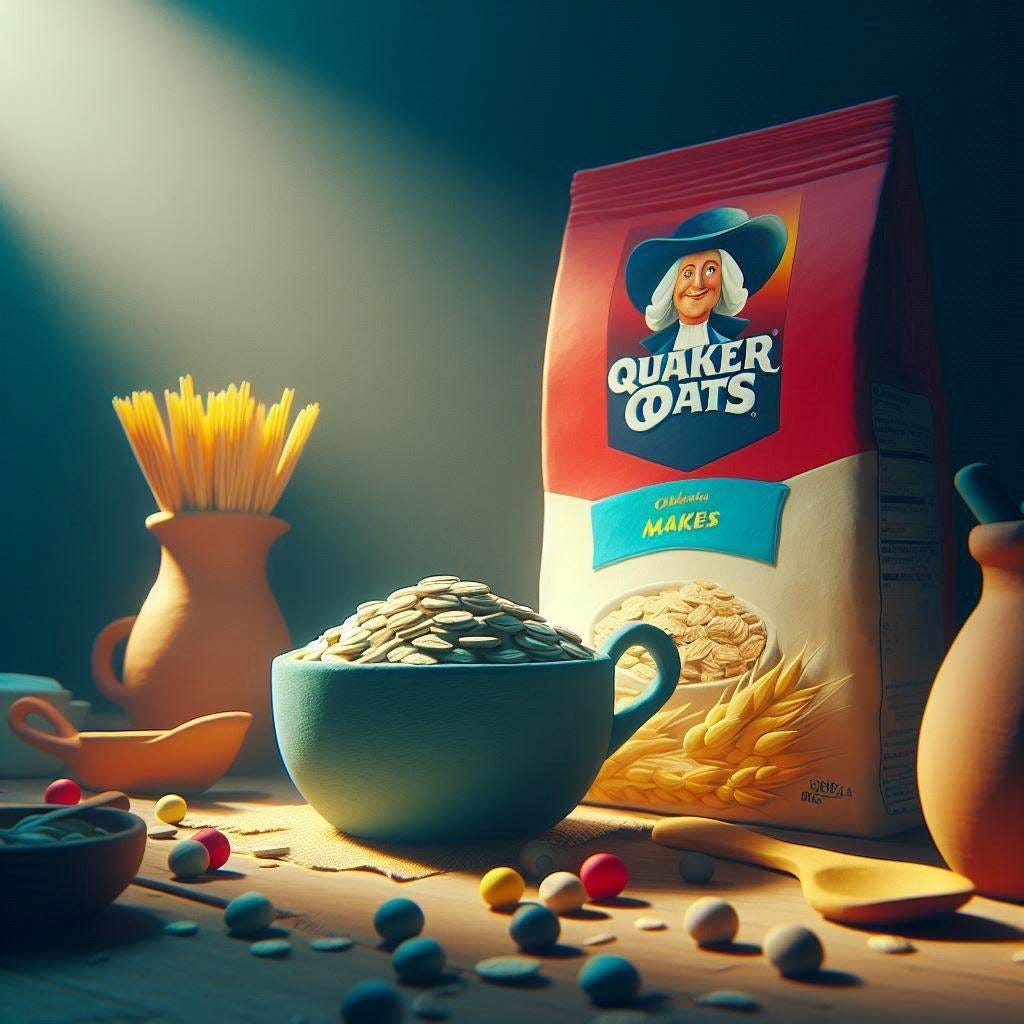 Quaker Oats - in Claymation  - Using bright colours - minimalist image - Smooth Image - with 3d Effects with light projecting from the top in a dark room
