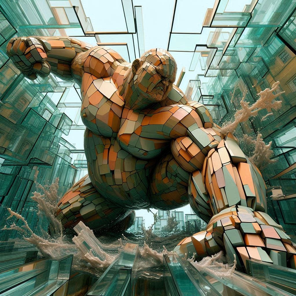 inside glass structure; tiltshift/ 5d angle glass embedded Altgeld hall building/ Broken into fragments/ pieces/ Sumo Wrestler/ leaning into camera/Smashing in front of Altgeld hall in olive,ivory, chartrues, lace made of black water in resin/ He is full of love. coral orange, pink, cream, olive address/ reverberating waves. black hole/ water in resin verdigris/ In the style of Michael Parkes. black etching/ black linework/ black sky