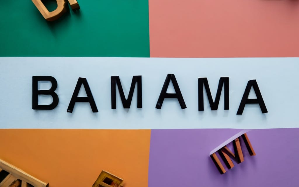 BAMAMA spelled out in black letters with a multicoloured background. Image generated by Ideogram