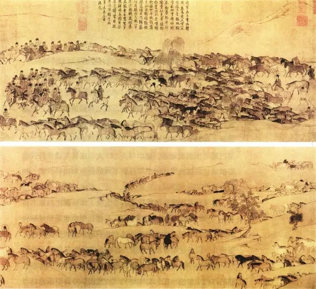 diptic of old Chinese manuscrip showing herds of horses crossing a landscape, ink on parchment
