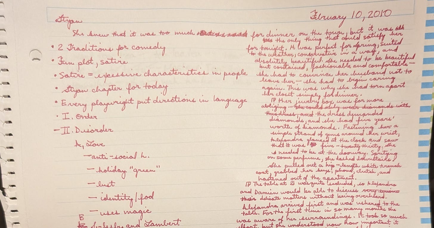 A torn-out notebook page. The left half contains bulleted lecture notes, while the right half contains several paragraphs of prose.