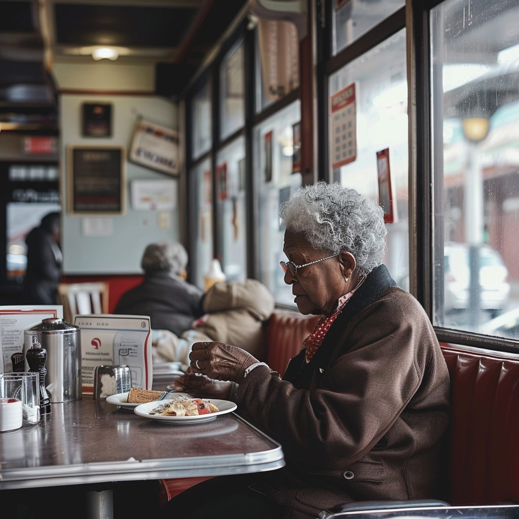 an older black lady eating an early bird menu in an empty diner