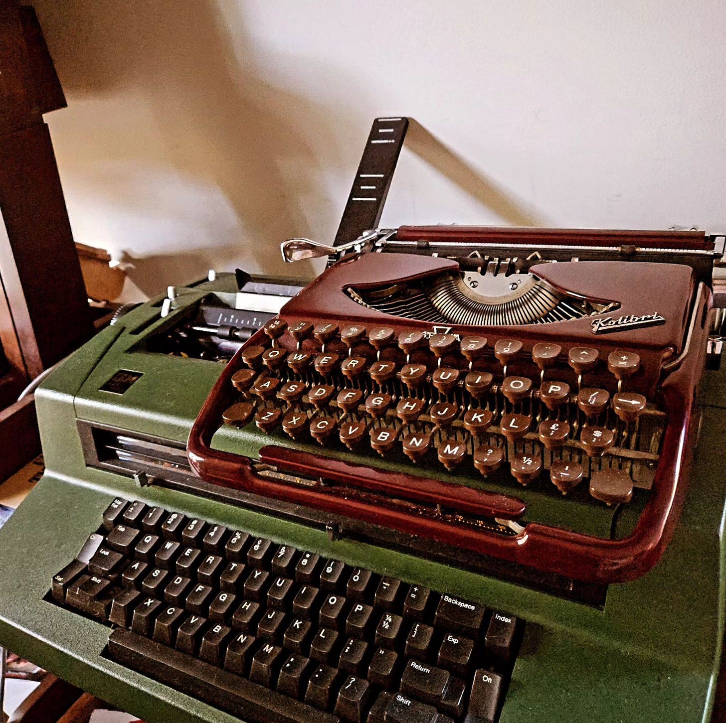 Groma Kolibri Typewriter in Rare Maroon with a Green IBM Correcting Selectric III