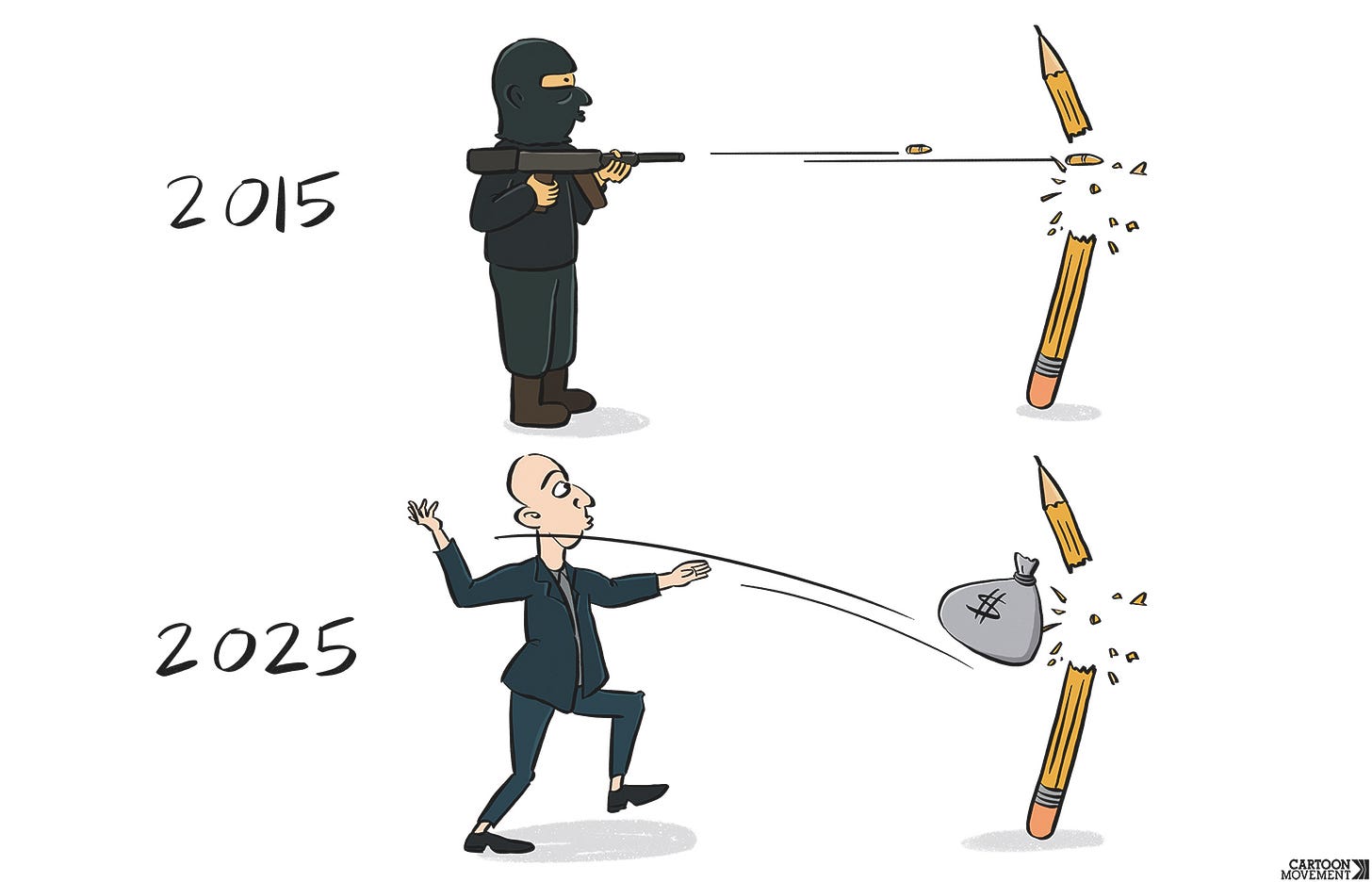 Two-panel cartoon. The top panel shows a terrorist shooting a pencil, breaking it in two, while the bottom panel shows Jeff Bezos throwing a money bag at a pencil, also breaking it in two.