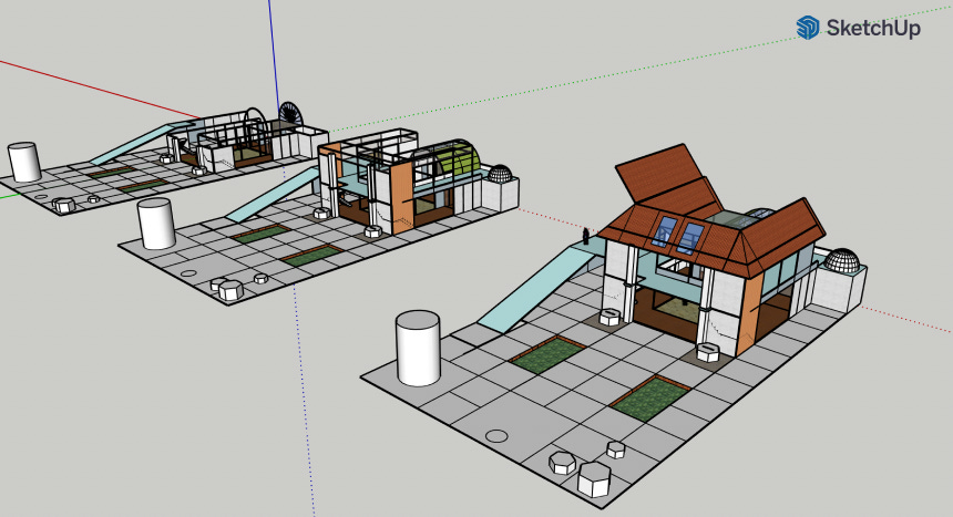 Three SketchUp building models showing proposed customizations to the Climate Gallery building template.