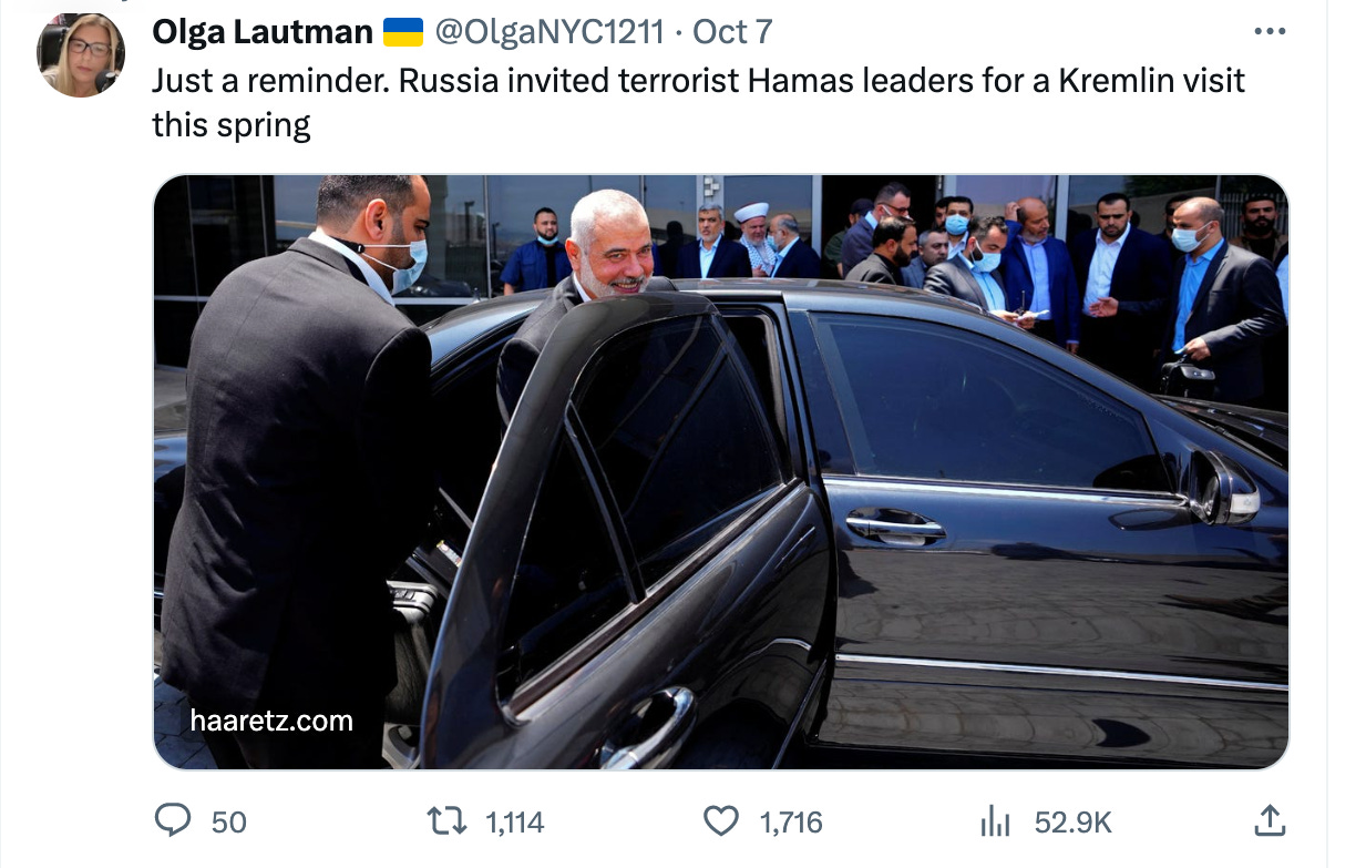 Olga Lautman tweet @OlgaNYC1211 on October 7, 2023. Just a reminder, Russia invited terrorist Hamas leaders for a Kremlin visit this spring. Includes a photo of Hamas leaders getting out of a car.