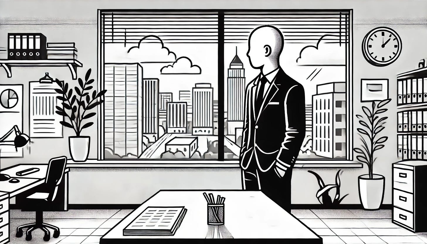 A black-and-white cartoon depiction of a bald man wearing a suit and tie, standing alone by a window and looking outside with a neutral expression. The scene outside the window shows a city skyline with buildings, streets, and clouds in the distance. The cartoon style is minimalist and uses clear lines with no color, emphasizing a balanced and calm mood. The office setting includes a desk and other furniture but no chairs. The image is in landscape orientation.