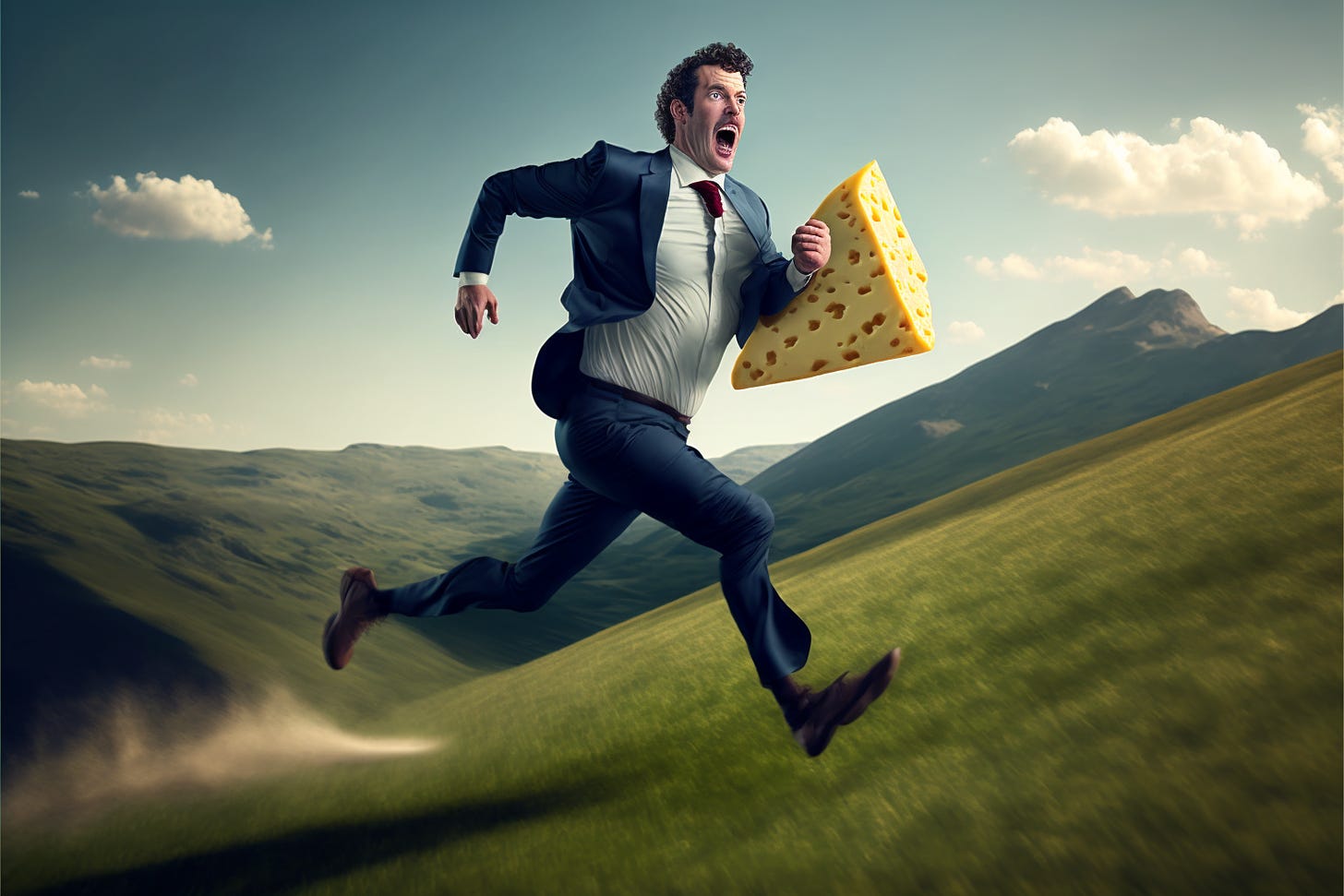cinematic man chasing cheese down a hill