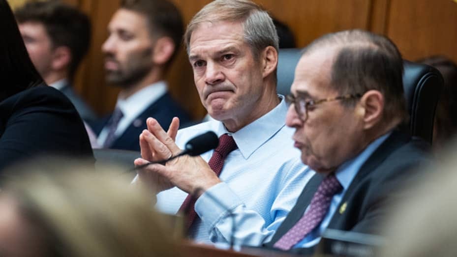 UNITED STATES - JUNE 21: Chairman Jim Jordan, R-Ohio, center, and ranking member Rep. Jerrold Nadler, D-N.Y., conduct the House Judiciary Committee hearing on the "Report of Special Counsel John Durham," in Rayburn Building on Wednesday, June 21, 2023. The hearing, featuring testimony by John Durham, focused on the FBI's investigation into then presidential candidate Donald Trump. (Tom Williams/CQ-Roll Call, Inc via Getty Images)