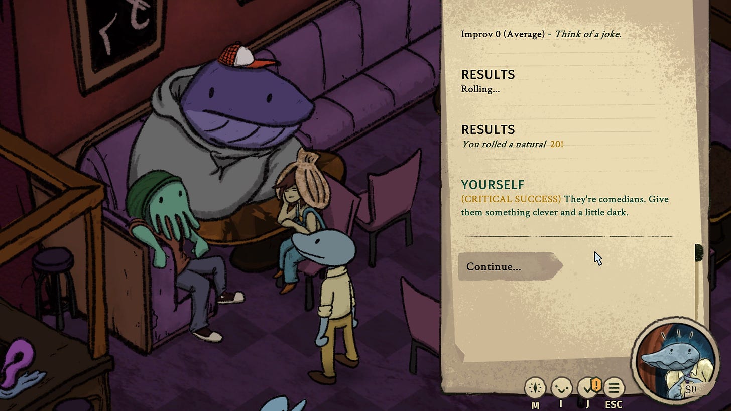 A screenshot of the upcoming game Clam Man 2: Headliner showing Clam Man about to tell a joke to the troupe of comedians.