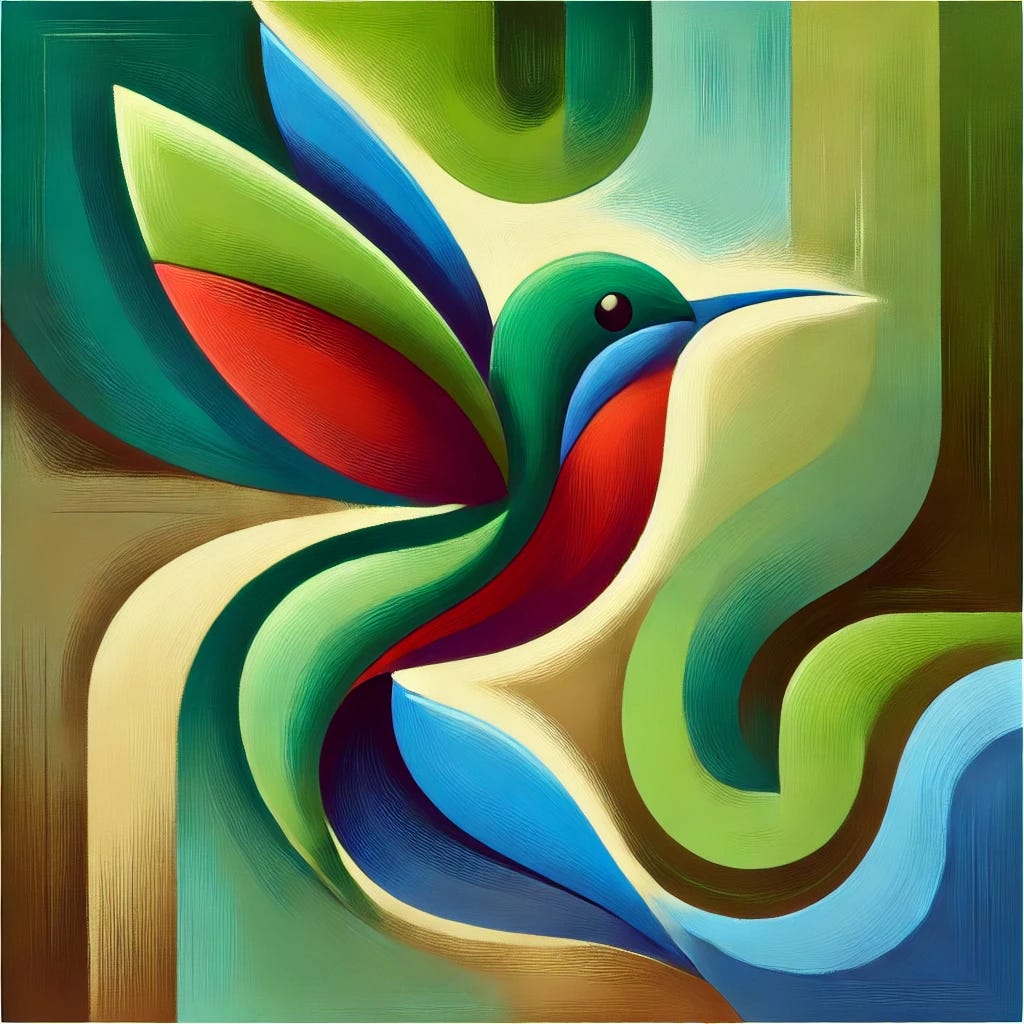An abstract, playful painting featuring a stylized hummingbird as the focal point. The hummingbird is shown in vibrant colors such as bright green, red, and blue, set against a flat, natural background with shades of green, blue, brown, and black. The design is simple and uses smooth, dynamic shapes to emphasize the bird's energy and agility, with visible brushstrokes adding texture to suggest the intricate biological mechanisms. The background evokes a lush, natural atmosphere, creating a sense of harmony and unity. The composition is two-dimensional, focusing on simplicity and evoking feelings of freedom and playfulness.