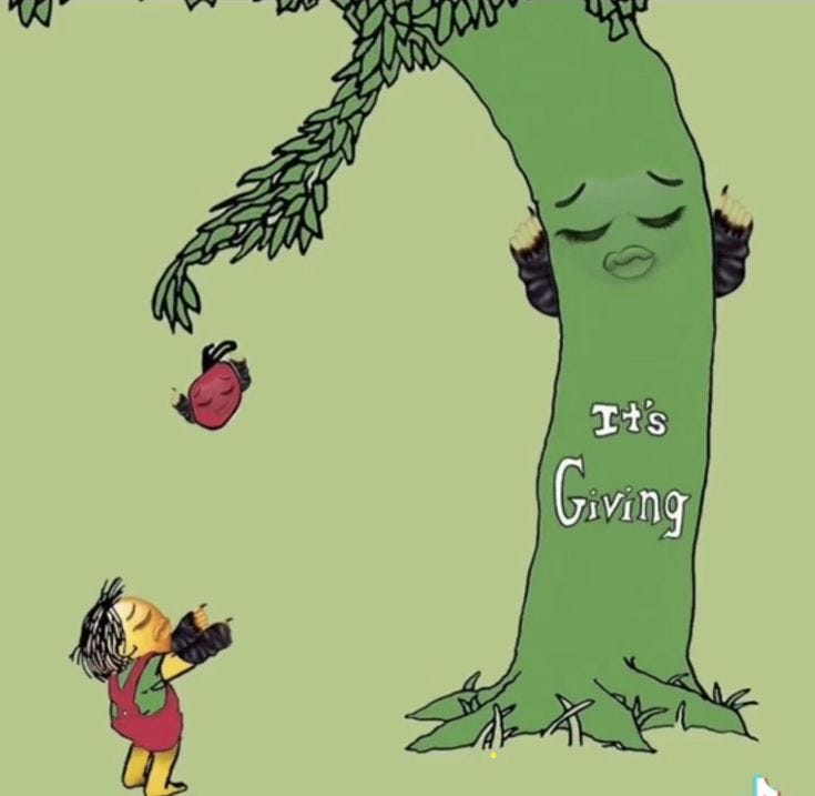 This may contain: an illustration of a child reaching up to a tree with its eyes closed and the words, it's giving