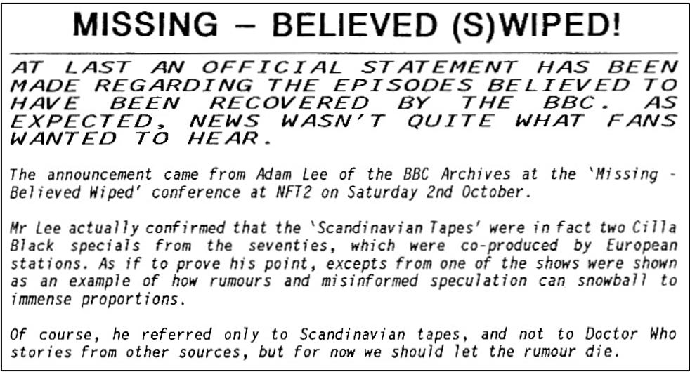 Fanzine cutting reporting that the so-called ‘Scandinavian tapes’ were in fact too Cilla Black Specials. Surprise, surprise.