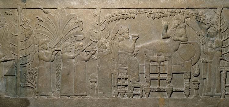 Relief depicting the enthroned queen and reclining king, who feast in the arbour amid the vines, conifers and palms, hung with head and hand