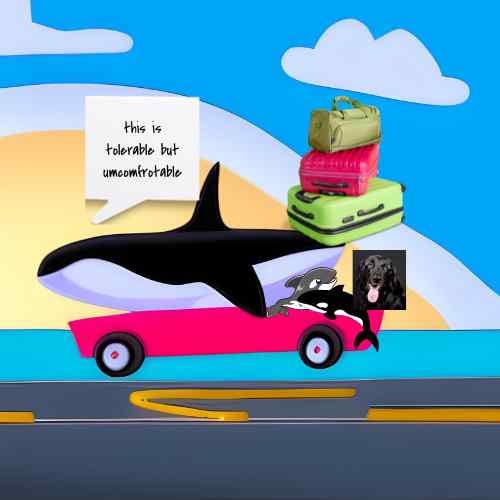 illustration of family of orcas and a dog traveling in car on highway. mom orca says "this is tolerable but umcomfrotable"