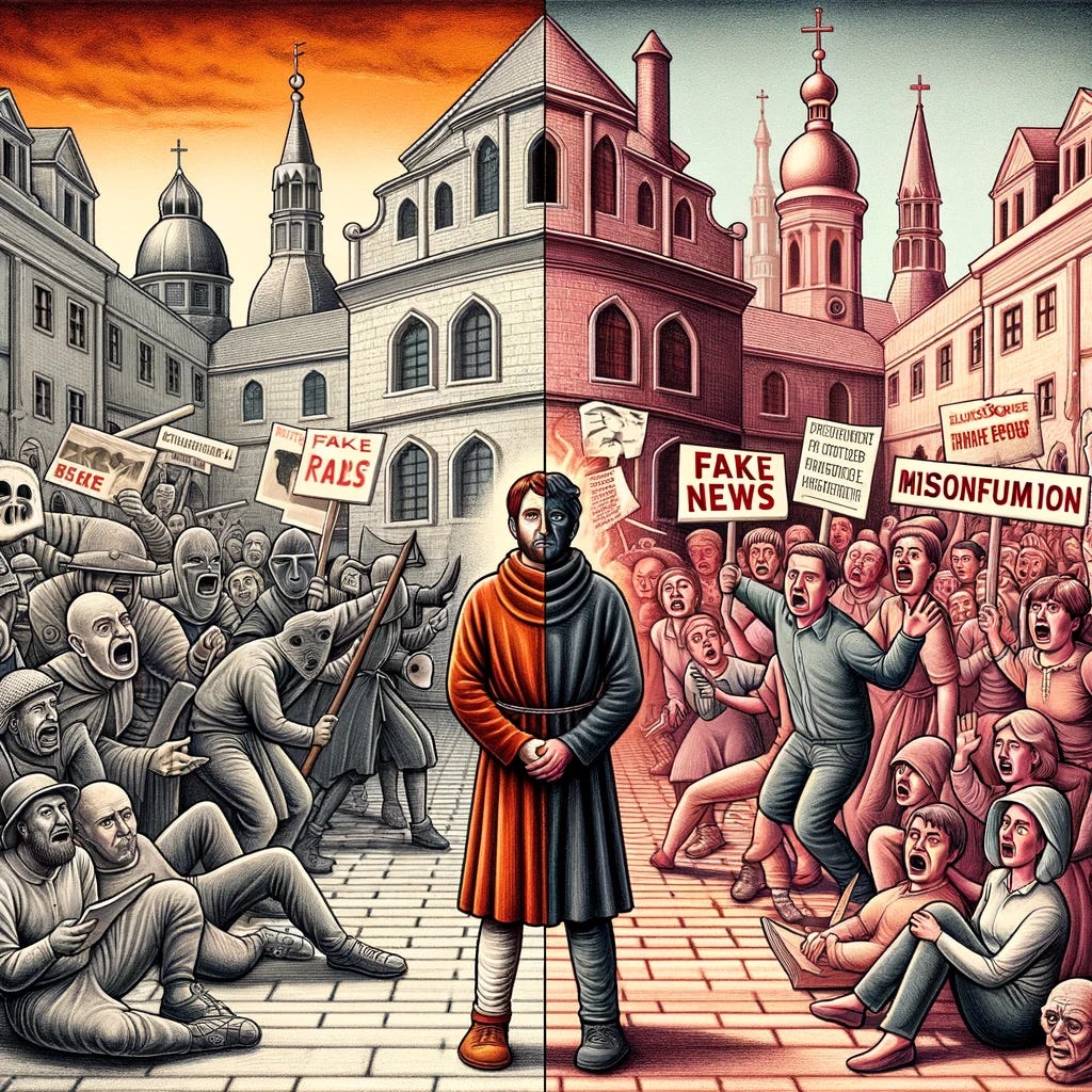 A thought-provoking illustration representing the idea that the terms 'fake news' and 'misinformation' are the modern incarnation of 'heresy'. The image is divided into two halves to show the historical evolution of the concept. On the left side, depicting the past, there's a medieval scene with a person labeled as a 'heretic' standing in a public square, surrounded by an angry crowd and a priest, symbolizing the historical persecution of heretical ideas. This side is styled in an old, painterly manner. On the right side, representing the present, there's a person labeled with 'fake news' and 'misinformation' accusations. They're surrounded by modern symbols like social media icons, television screens, and newspapers, depicting the contemporary way of public shaming and spreading information. The contrast between the two halves highlights the evolution of how society labels and deals with unaccepted ideas.