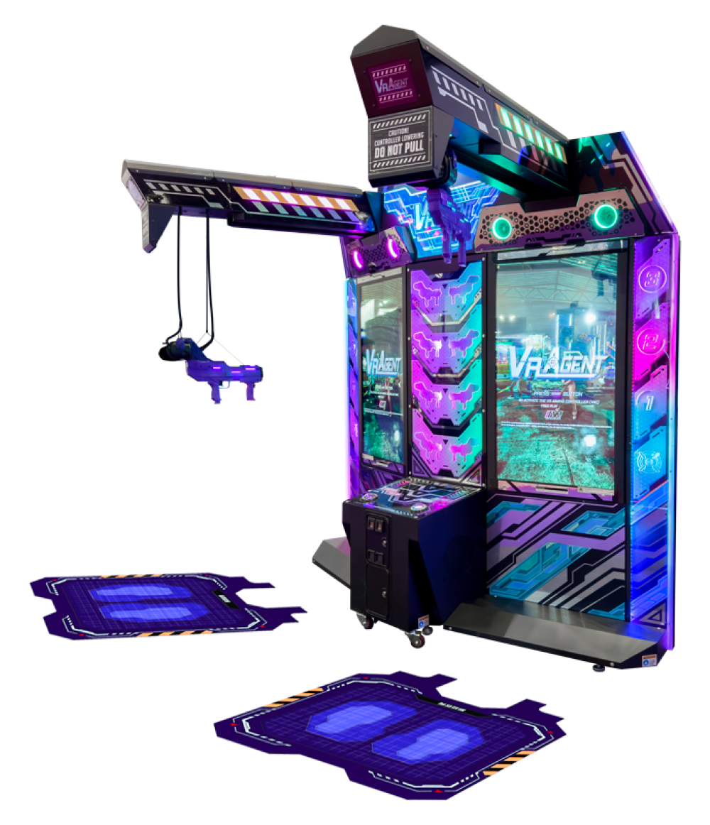 An arcade cabinet with a portrait screen and an arm extending from the top, from which a gun is dangling with a VR headset attached