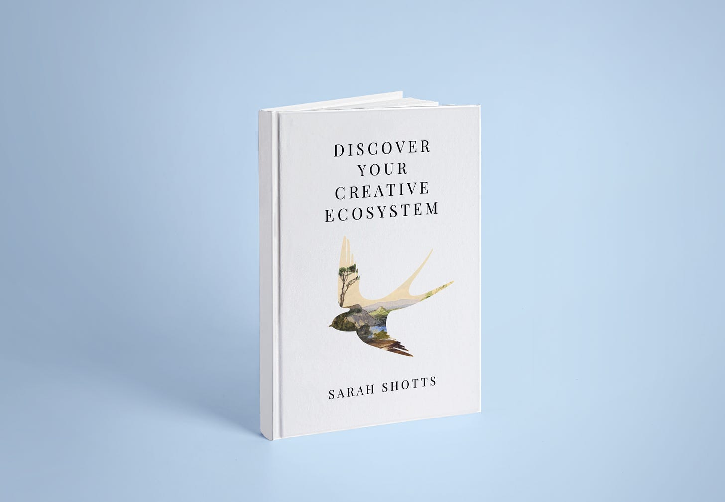 Discover Your Creative Ecosystem by Sarah Shotts in white hardcover form with a bird silhouetting a mountainous landscape in watercolor
