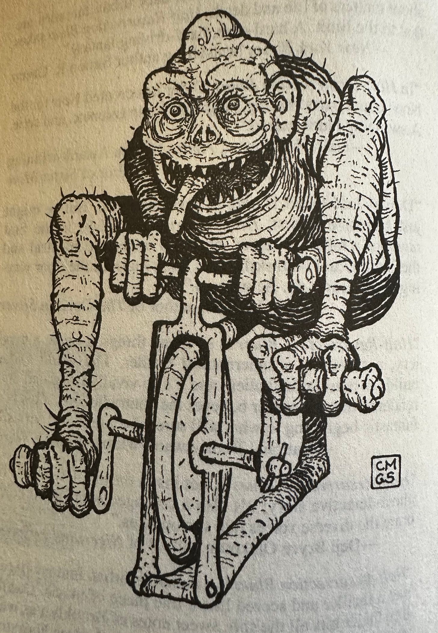 An illustration of a ngk on a medieval exercise bike looking device.