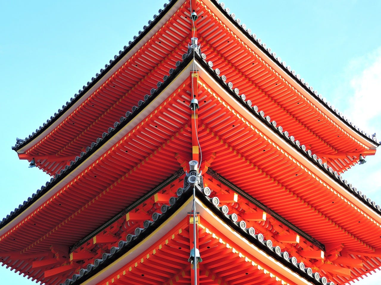 Looking up toward the roof of a pagoda.