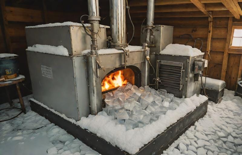 steel furnace with flames inside and ice cubes spilling out