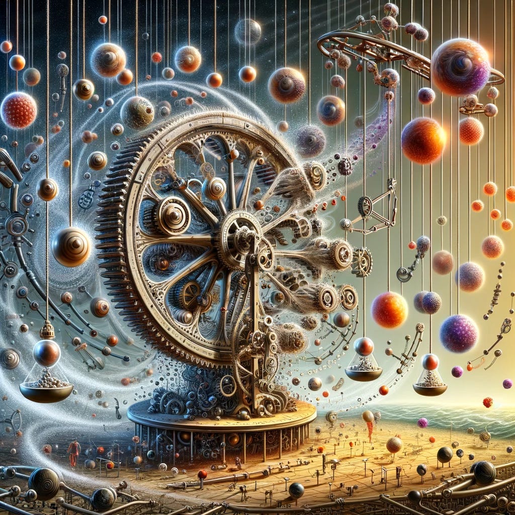 Visualize the metaphor where life is described as countless chemical wheels and coupled swings. The image features an intricate array of spinning wheels and swinging pendulums, symbolizing the complex biochemical reactions and processes of life. The wheels are depicted as molecular structures that turn and interact, while the swings represent dynamic balances and interactions between different biological systems. The scene is set in a surreal, abstract environment that mirrors the microscopic world of cells and molecules, with a hint of fantastical elements to emphasize the complexity and interconnectedness of life. This depiction combines elements of machinery and organic forms to convey the continuous motion and interaction inherent in life.