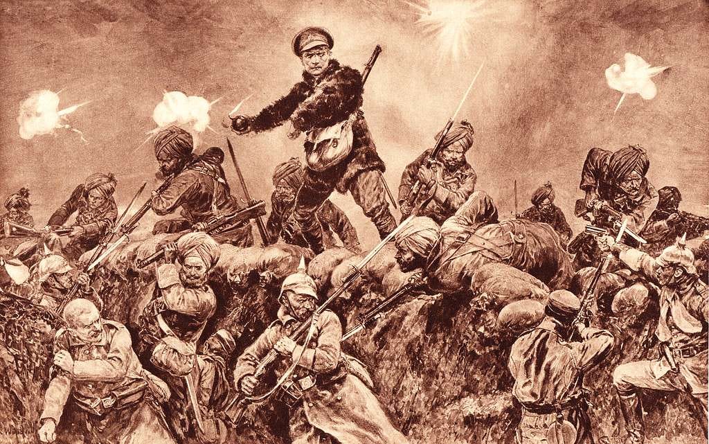 Sepia toned artist's impression of very fierce looking Indian soldiers assaulting a trench supported by a stern looking British officer holding a bomb.  It's all very dramatic.