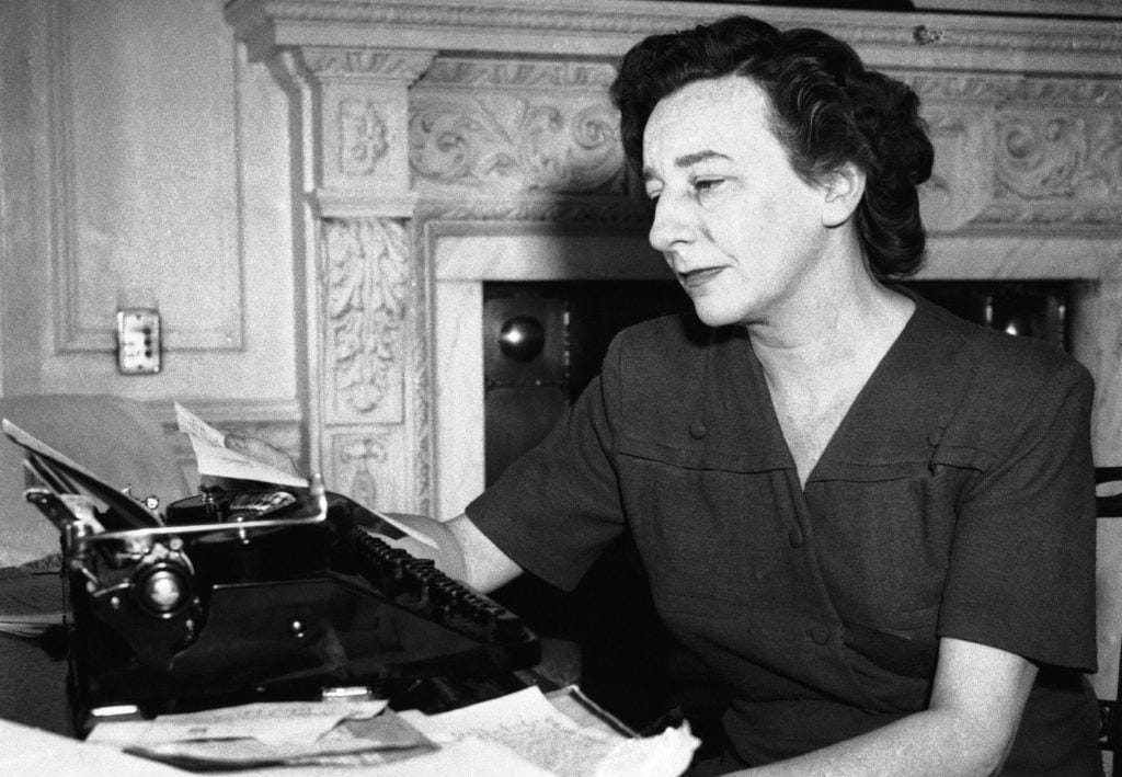 Lillian Hellman at her desk in a London Hotel, 1945