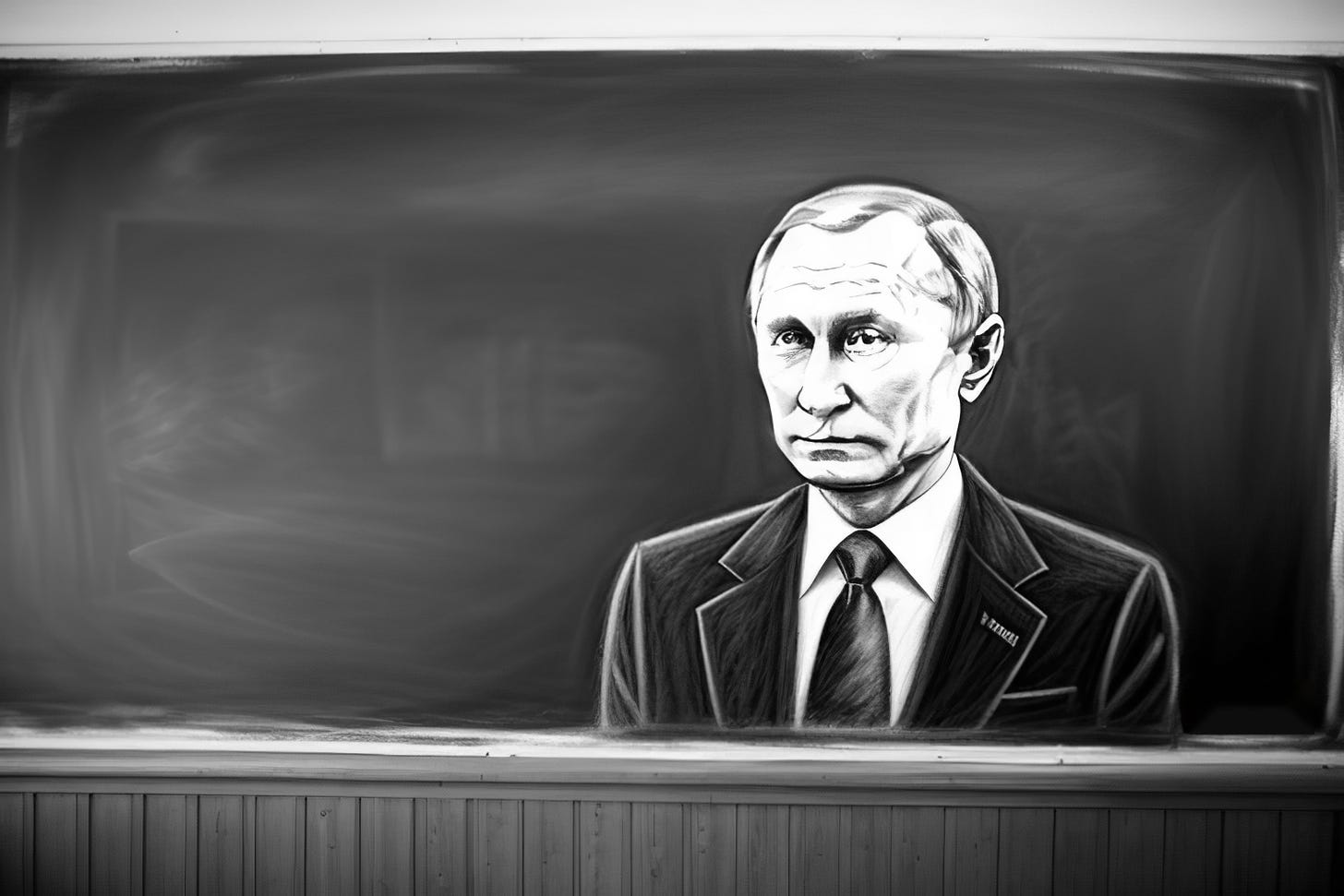 Putin depicted as a detailed chalk drawing on a chalkboard. The image is black and white."