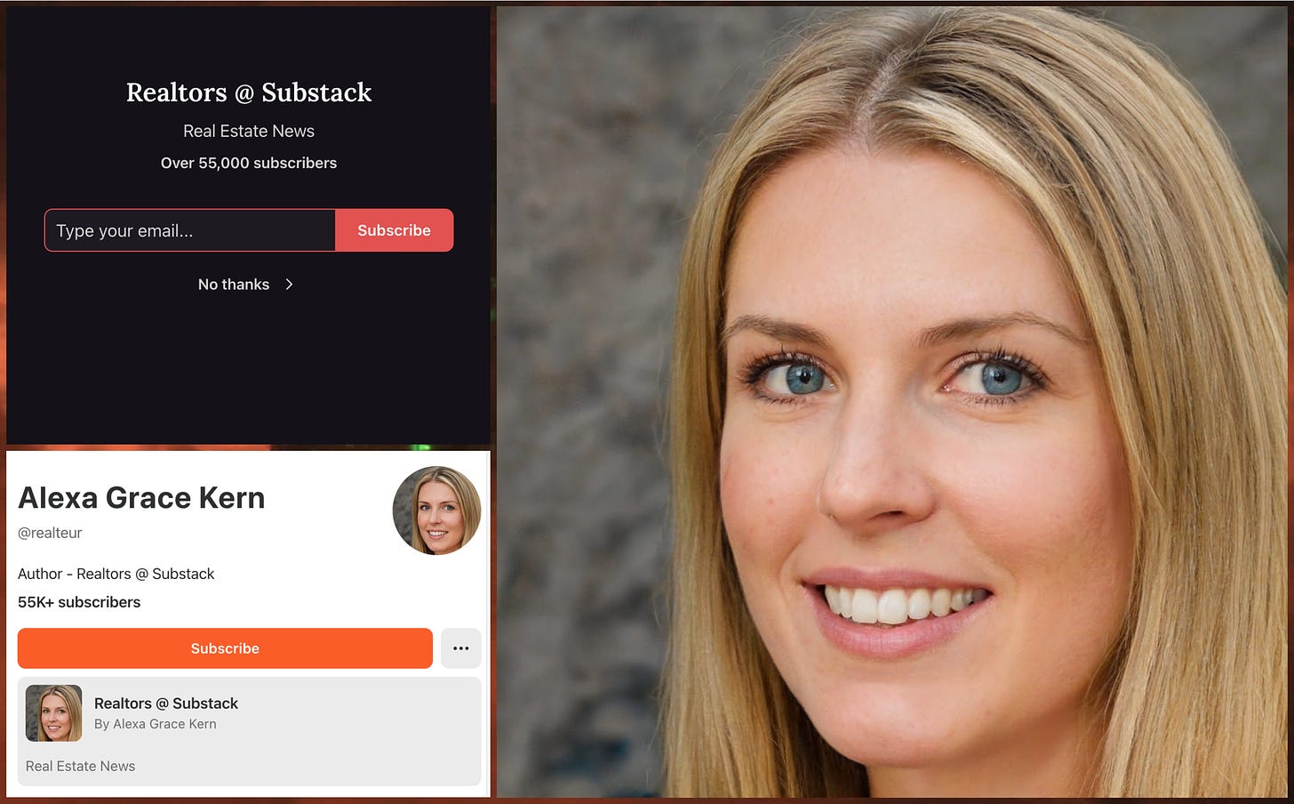 screenshots of the "Realtors @ Substack" blog and its alleged author "Alexa Grace Kern", whose profile image is a GAN-generated face