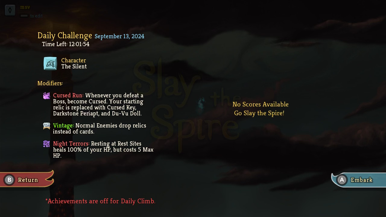 A screenshot of the daily challenge in the game Slay the Spire, from September 13 2024.