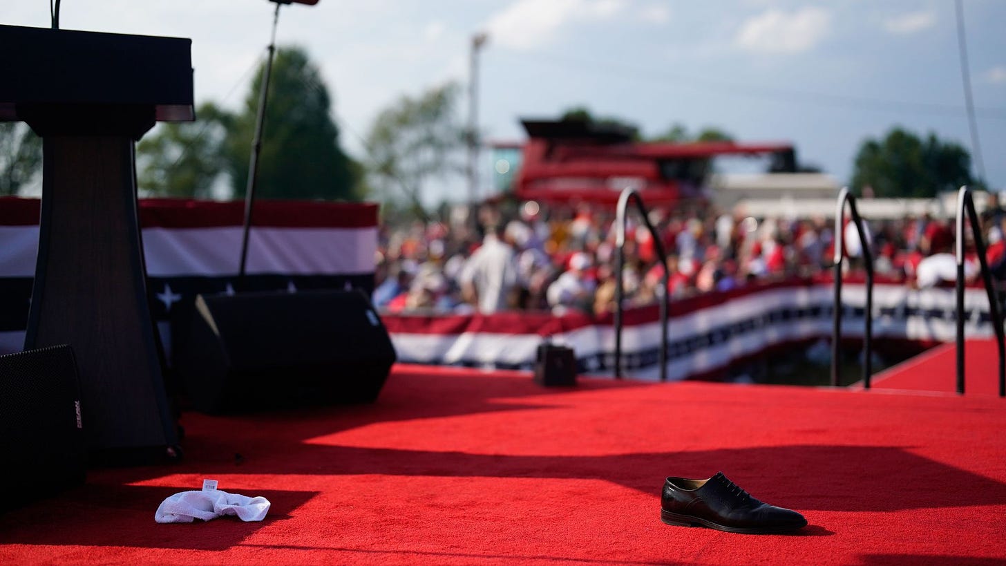 A shoe is left on the stage during a campaign rally for former President Donald Trump at Butler Farm Show Inc. on Saturday, July 13, 2024 in Butler, Pa