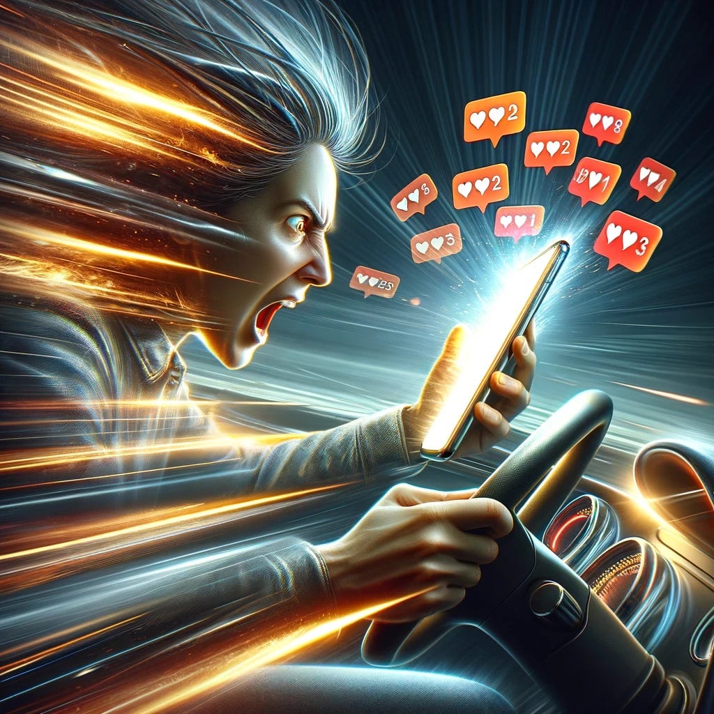 A person using a smartphone as if it were the steering wheel of a vehicle. The smartphone illuminates their face and emits multiple notifications. The person has an expression of experiencing enormous acceleration, their hair blown back by the wind. The background shows motion blur, enhancing the sense of speed. The scene is dynamic and intense, with the glow from the smartphone and the notifications adding a dramatic effect. The image has been modified to remove one arm, making it look as if the person is holding the smartphone with one hand.