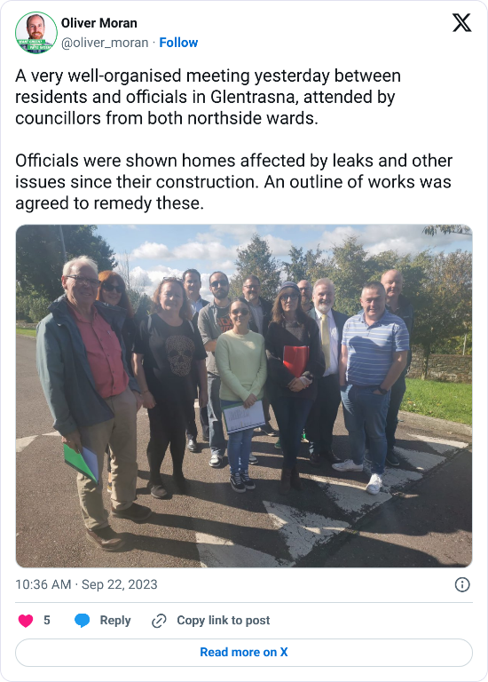 A tweet with a photographs of local councillors and the text: "A very well-organised meeting yesterday between residents and officials in Glentrasna, attended by councillors from both northside wards. Officials were shown homes affected by leaks and other issues since their construction. An outline of works was agreed to remedy these."