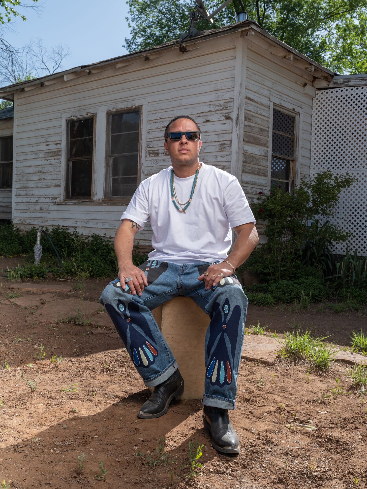 Spanto on the White Mountain Apache reservation wearing the Born X Raised X Levi's collaboration.