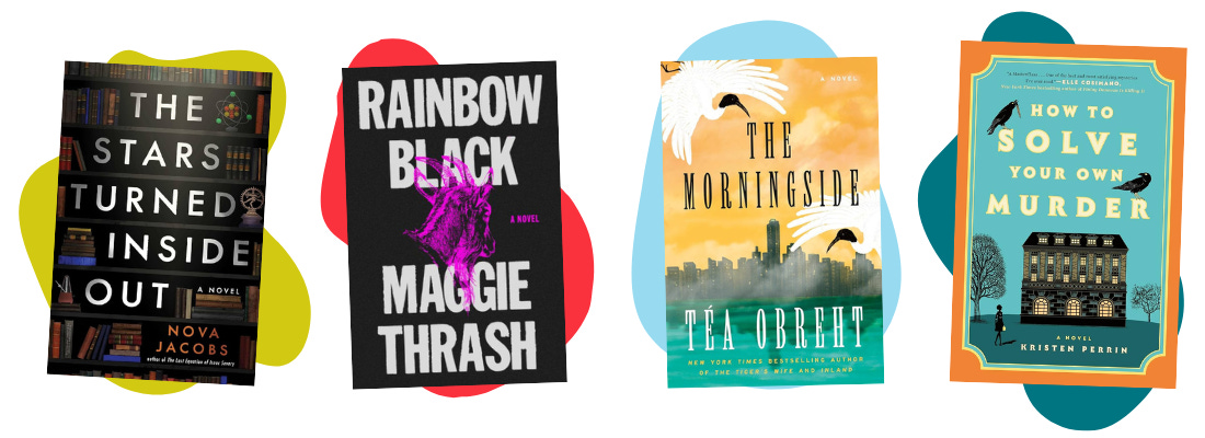 Book covers for The Stars Turned Inside Out, Rainbow Black, The Morningside, and How to Solve Your Own Murder