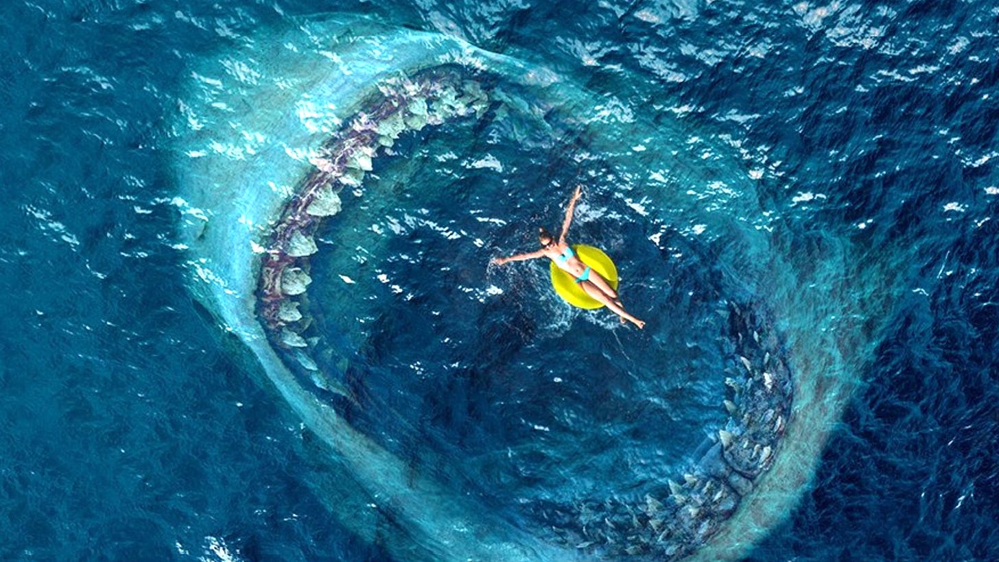 a woman on a yellow buoy unaware that a giant shark is coming up through the water to eat her