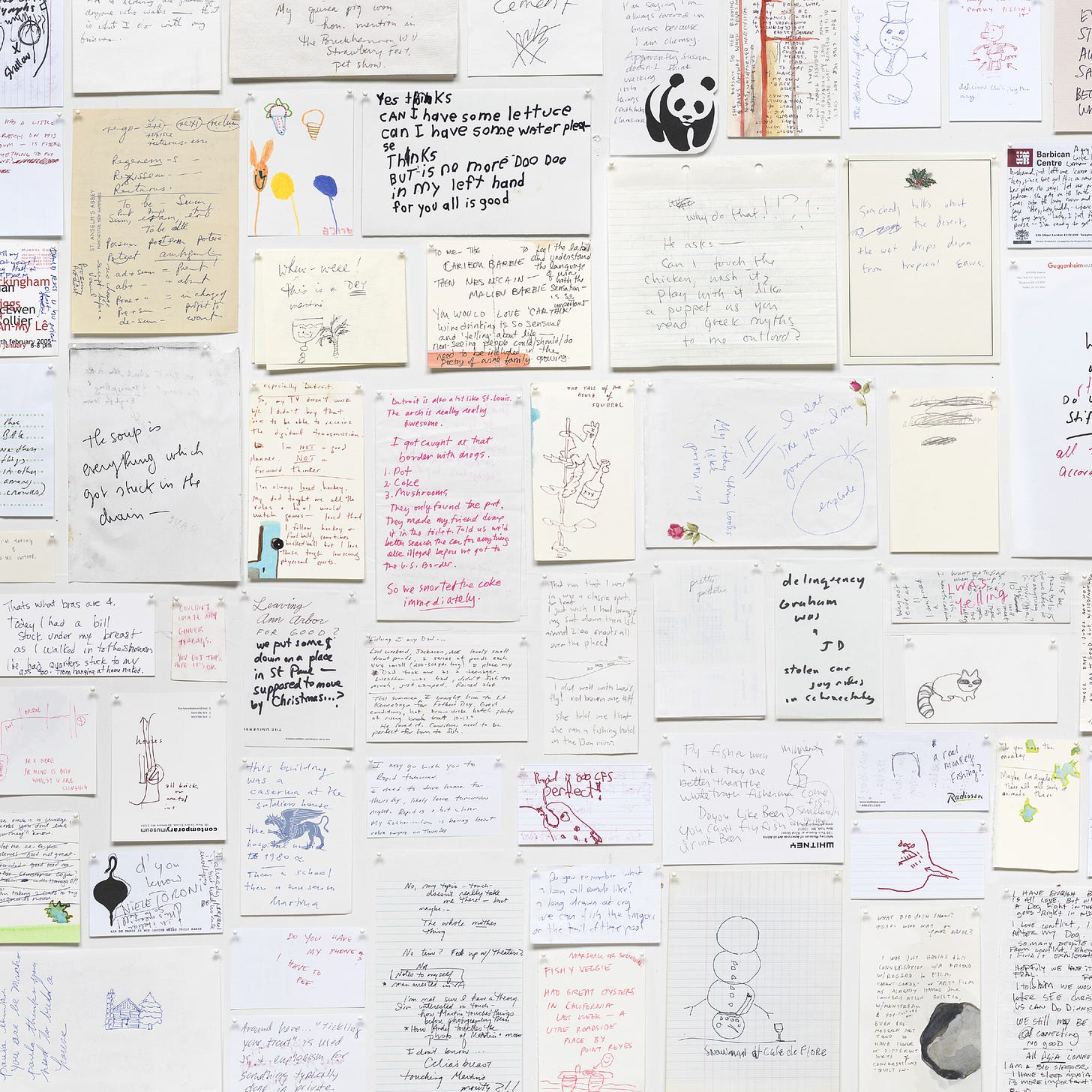 A wall covered in hand-drawn notes.