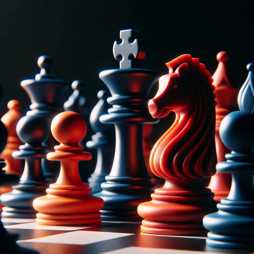 Close-up view of a chessboard, showcasing a limited selection of chess pieces. The pieces are in four distinct colors: navy, red, bright orange, and light blue. The focus is on the unique color scheme and the intricate details of the pieces. The board itself should be a traditional black and white, creating a striking contrast with the colorful pieces. The lighting should highlight the glossiness of the pieces, emphasizing their shapes and colors.