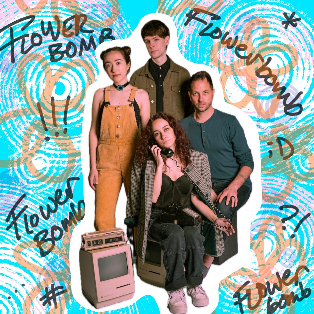 The four members of Flowerbomb, Abby Rasheed, Connor White, Rachel Kline, and Dan ABH, in front of a colorful background with the text "flowerbomb" handwritten across swirls and flowers in blue, orange, and white.
