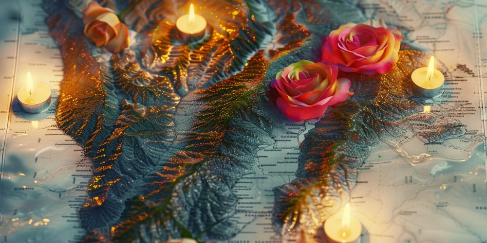 A 3D map with candles and roses placed lovingly among the mountain ranges.