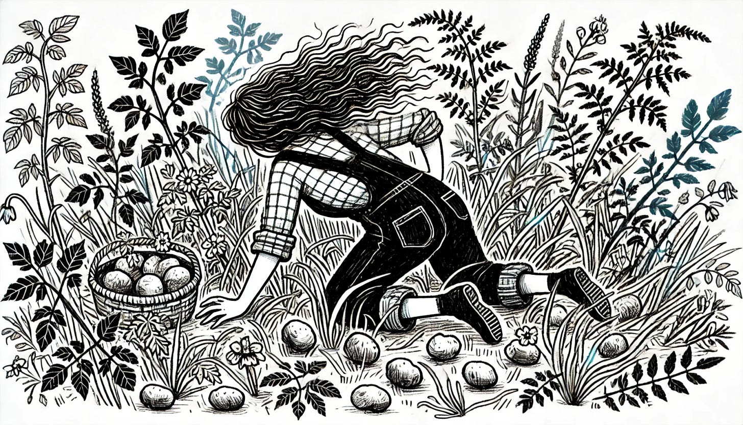 A black-and-white hand-drawn illustration of a woman on her hands and knees in an overgrown, chaotic garden, searching for her potato crop. She is facing away from the viewer, with long, messy hair flowing down her back and wearing rolled-up overalls. Scattered potatoes and wild plants surround her, adding to the untidy, ramshackle vibe of the scene. The tone is humorous, reflecting an imperfect, whimsical gardening moment.