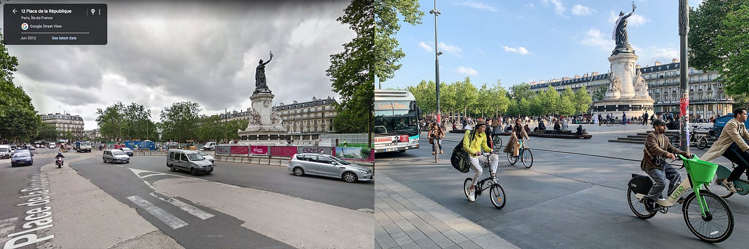 Two photos of 12 Place de la République, from 2014 and 2023, showing a dramatic increase in bikers and reduction in car traffic.