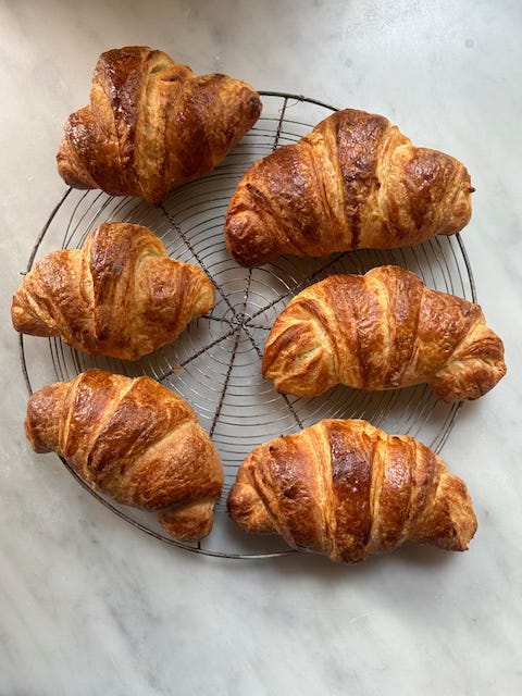 From above, six crescent-shaped rolls cooling on a round wire rack.