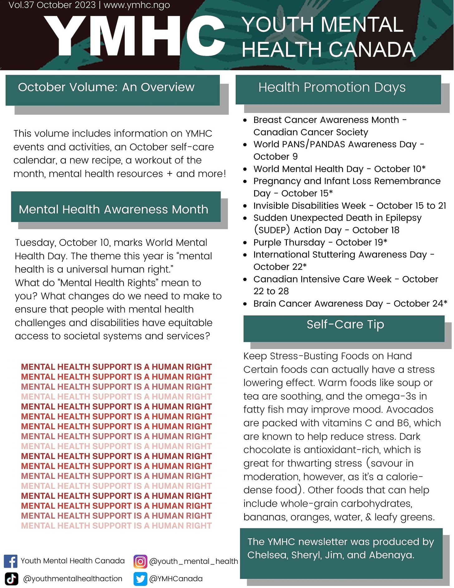 October Newsletter Welcome to the October volume of our newsletter! In this edition, we have a variety of exciting content, including information on YMHC events and activities, a self-care calendar for October, a new recipe, a workout of the month, and mental health resources. Read on to find out more!  Mental Health Awareness Month Tuesday, October 10, marks World Mental Health Day. The theme for this year is "mental health is a universal human right." It is important to reflect on what "Mental Health Rights" mean to us and consider the changes needed to ensure equitable access to societal systems and services for people with mental health challenges and disabilities.  Keep Stress-Busting Foods on Hand Certain foods can have a stress-lowering effect. Warm foods like soup or tea are soothing, and the omega-3s in fatty fish may improve mood. Avocados, packed with vitamins C and B6, are known to help reduce stress. Dark chocolate, rich in antioxidants, is also great for thwarting stress (enjoy in moderation due to its calorie density). Other helpful foods include whole-grain carbohydrates, bananas, oranges, water, and leafy greens.  Self-Care Tip Health Promotion Days Breast Cancer Awareness Month - Canadian Cancer Society World PANS/PANDAS Awareness Day - October 9 World Mental Health Day - October 10* Pregnancy and Infant Loss Remembrance Day - October 15* Invisible Disabilities Week - October 15 to 21 Sudden Unexpected Death in Epilepsy (SUDEP) Action Day - October 18 Purple Thursday - October 19* International Stuttering Awareness Day - October 22* Canadian Intensive Care Week - October 22 to 28 Brain Cancer Awareness Day - October 24*