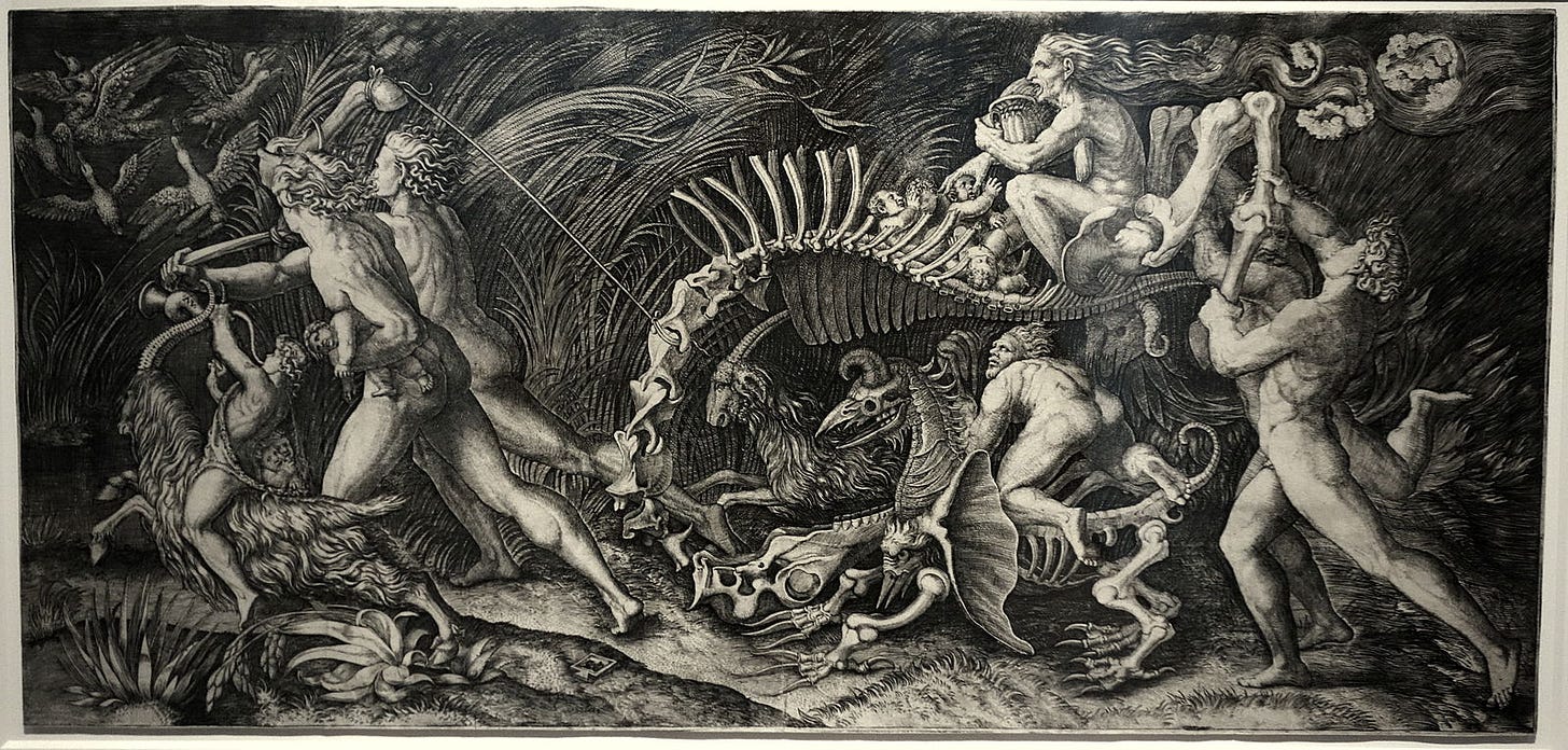 This print shows the procession of a witch through a dark and menacing underworld. She is pulled on a chariot made from the carcass of a monstrous creature, and is accompanied by men, children, animals, and instruments. Iconographically these recall scenes of Bacchic parades. Compositionally the horizontal arrangement evokes processional reliefs found on classical sarcophagi. Description from the National Galleries website