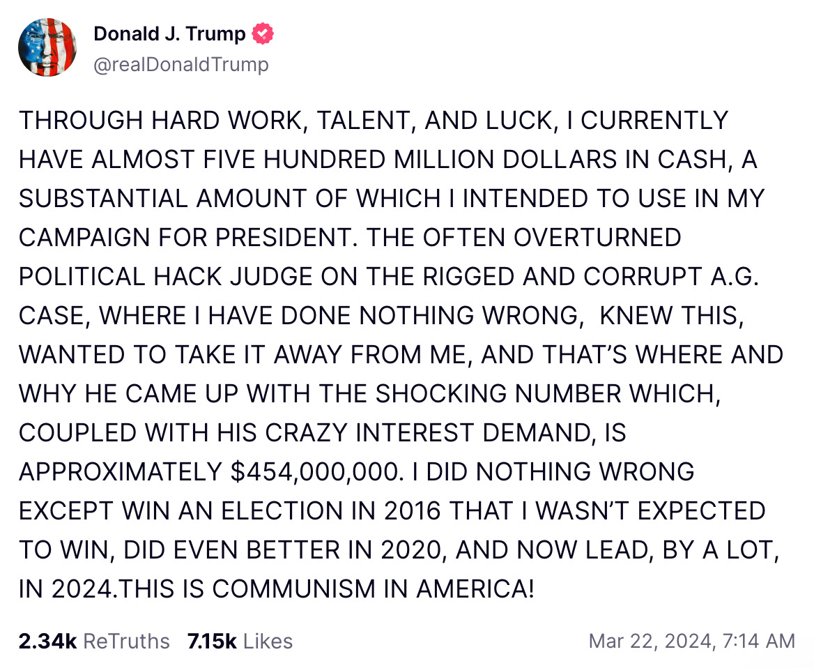 Trump Truth Social Post in all caps: THROUGH HARD WORK, TALENT, AND LUCK, I CURRENTLY HAVE ALMOST FIVE HUNDRED MILLION DOLLARS IN CASH, A SUBSTANTIAL AMOUNT OF WHICH INTENDED TO USE IN MY CAMPAIGN FOR PRESIDENT. THE OFTEN OVERTURNED POLITICAL HACK JUDGE ON THE RIGGED AND CORRUPT A.G. CASE, WHERE I HAVE DONE NOTHING WRONG, KNEW THIS, WANTED TO TAKE IT AWAY FROM ME, AND THAT'S WHERE AND WHY HE CAME UP WITH THE SHOCKING NUMBER WHICH, COUPLED WITH HIS CRAZY INTEREST DEMAND, IS APPROXIMATELY $454,000,000. I DID NOTHING WRONG EXCEPT WIN AN ELECTION IN 2016 THAT I WASN'T EXPECTED TO WIN, DID EVEN BETTER IN 2020, AND NOW LEAD, BY A LOT, IN 2024.THIS IS COMMUNISM IN AMERICA!